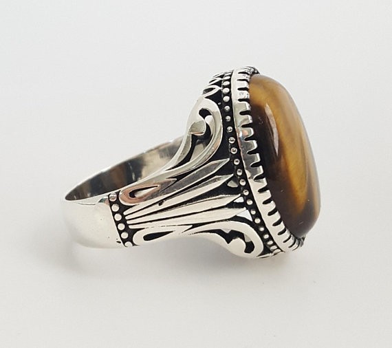 Solid 925 Sterling Silver Natural Tiger’s Eye Oval Gemstone Men’s Unisex Ring