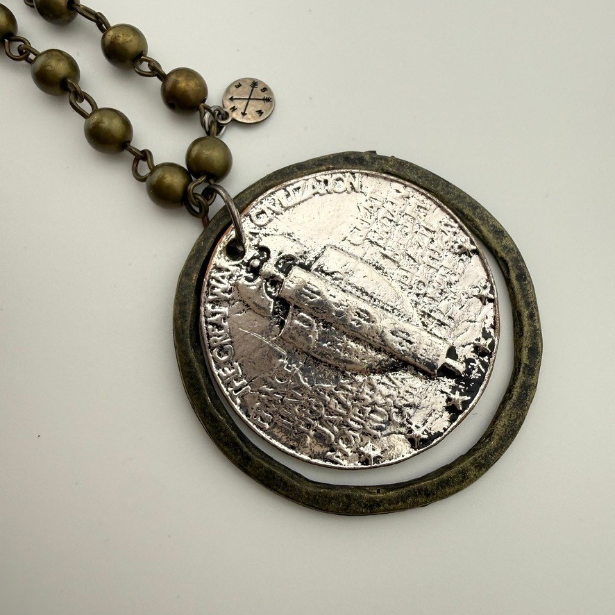 L&F Silver Tone Necklace WWI Victory Medal Pendant Mixed Metal Beaded Layered