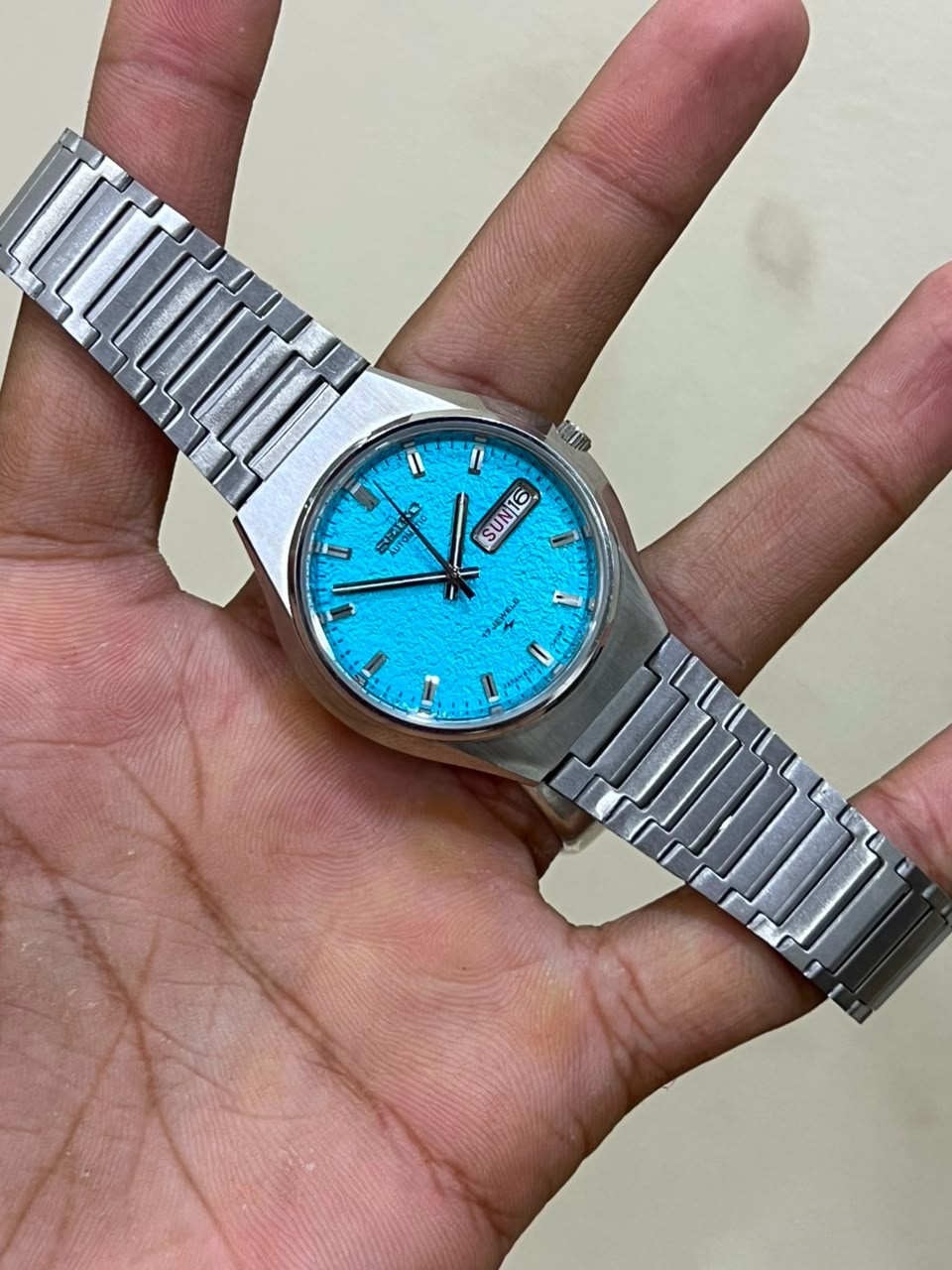 Seiko 5 Automatic Textured ice Blue Dail Mens Watch japan made 6309