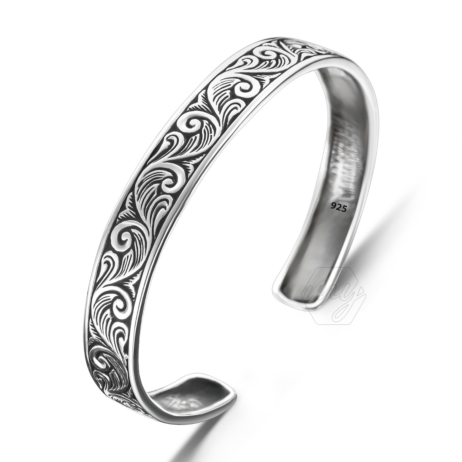 925 Sterling Silver Handmade Engraved Men’s Cuff Bracelet Adjustable
