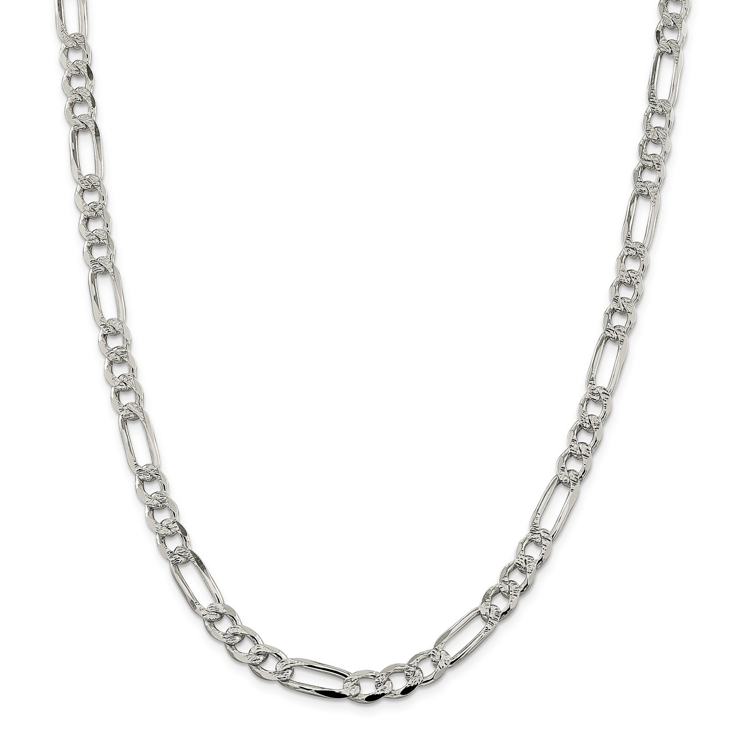 Sterling Silver 7.25mm Pave Flat Figaro Link Chain w/ Lobster Clasp 18″ – 30″
