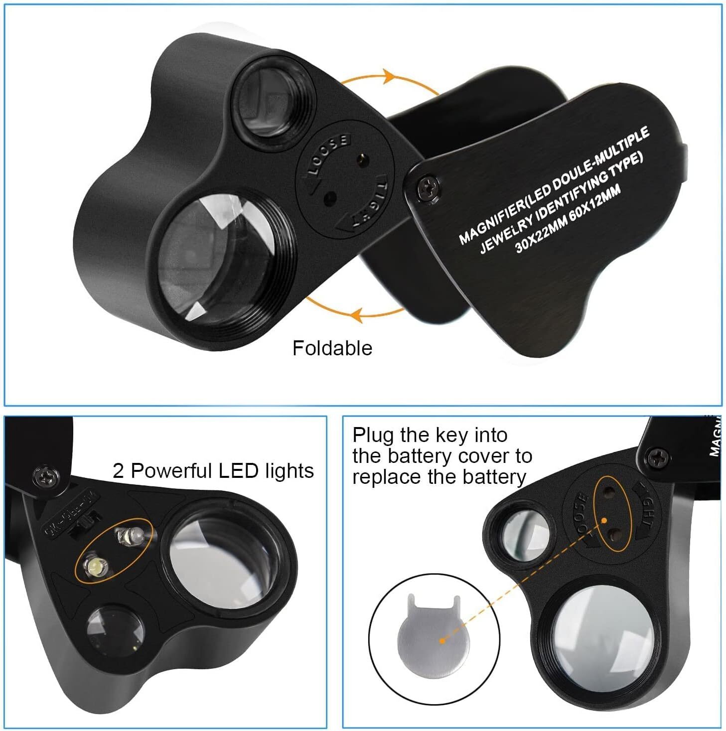 2pcs Magnifying Glass w/ Light,30X 60X 90X Jewelers Magnification-20 Backup Batt