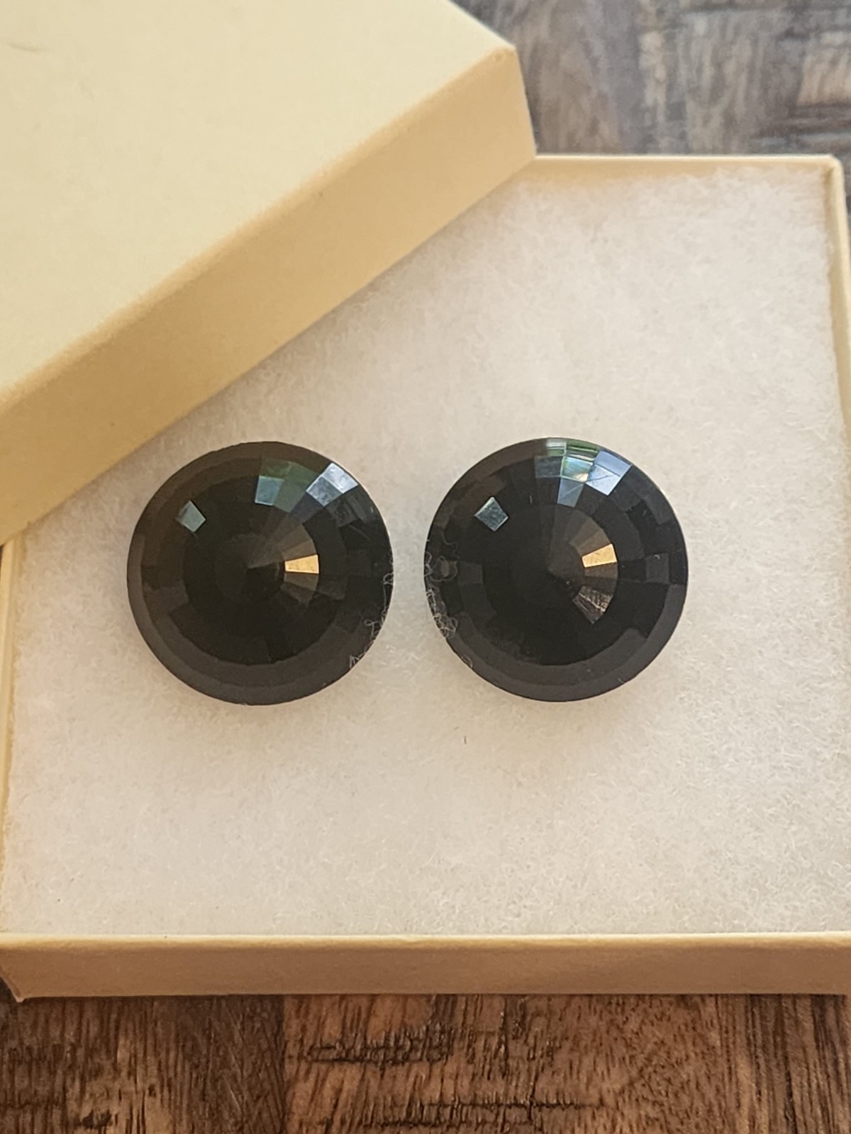 Vintage Germany Jet Black Faceted Button Style Round Clip On Earrings