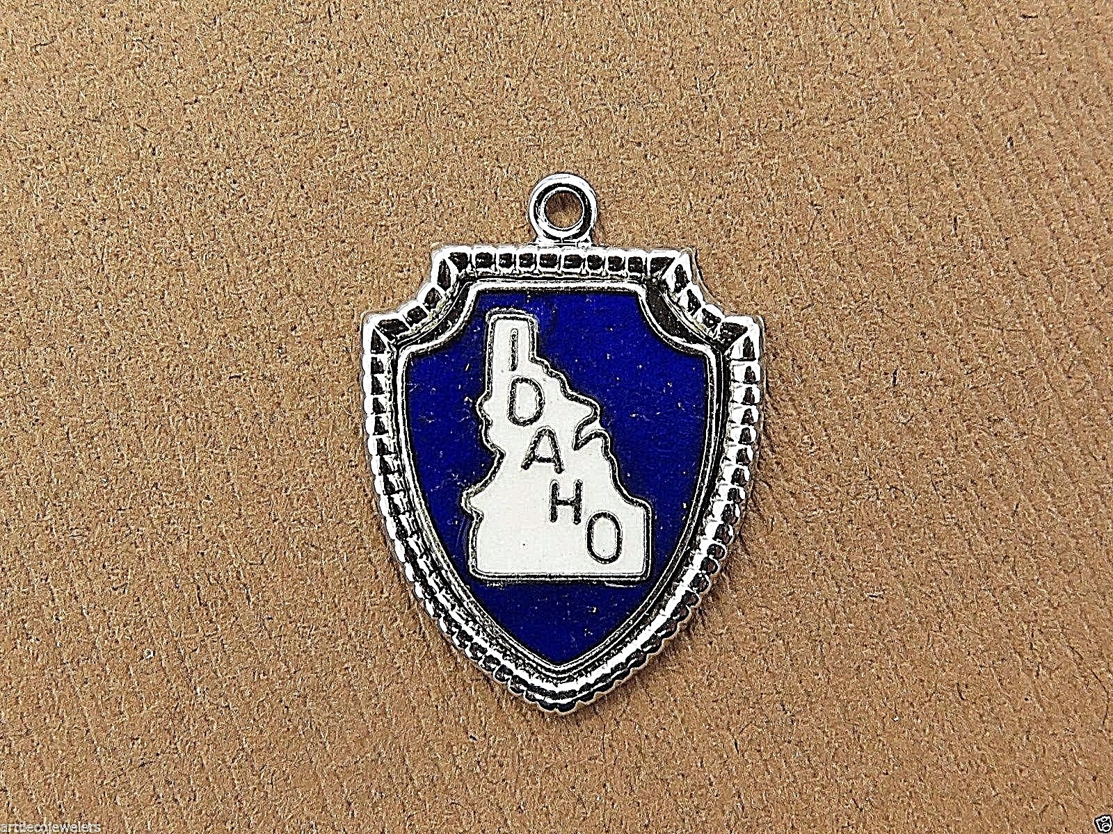 Vintage silver IDAHO STATE MAP SOUVENIR ENAMEL TRAVEL SHIELD charm 9-6