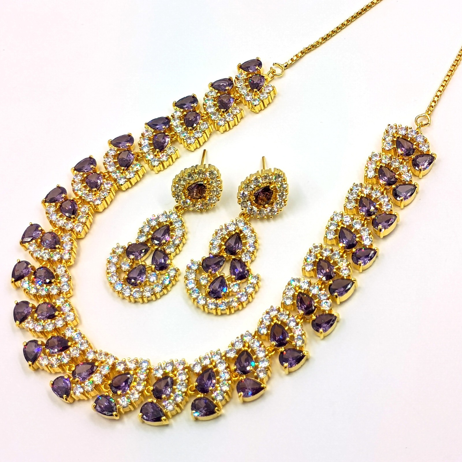 Amethyst Stone Necklace Set 22k Gold Plated Statement Ethnic Party Wear Jewelry