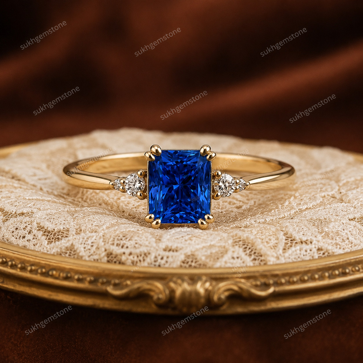 Lab Created Blue tanzanite Ring, Base Metal: Brass Finish: Gold Plated