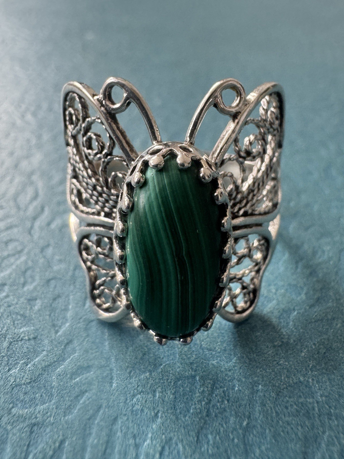 Vintage Filigree .925 Sterling Silver & Malachite Gemstone Butterfly Design Ring