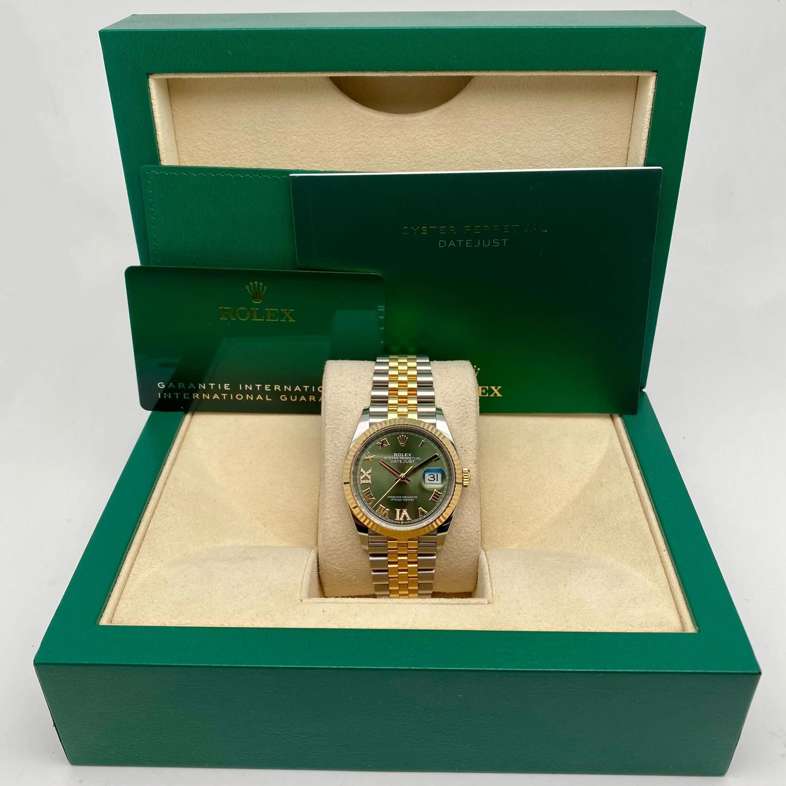 Rolex Datejust 36mm 126233 Steel 18k Yellow Gold Green Diamond VI IX Dial Watch