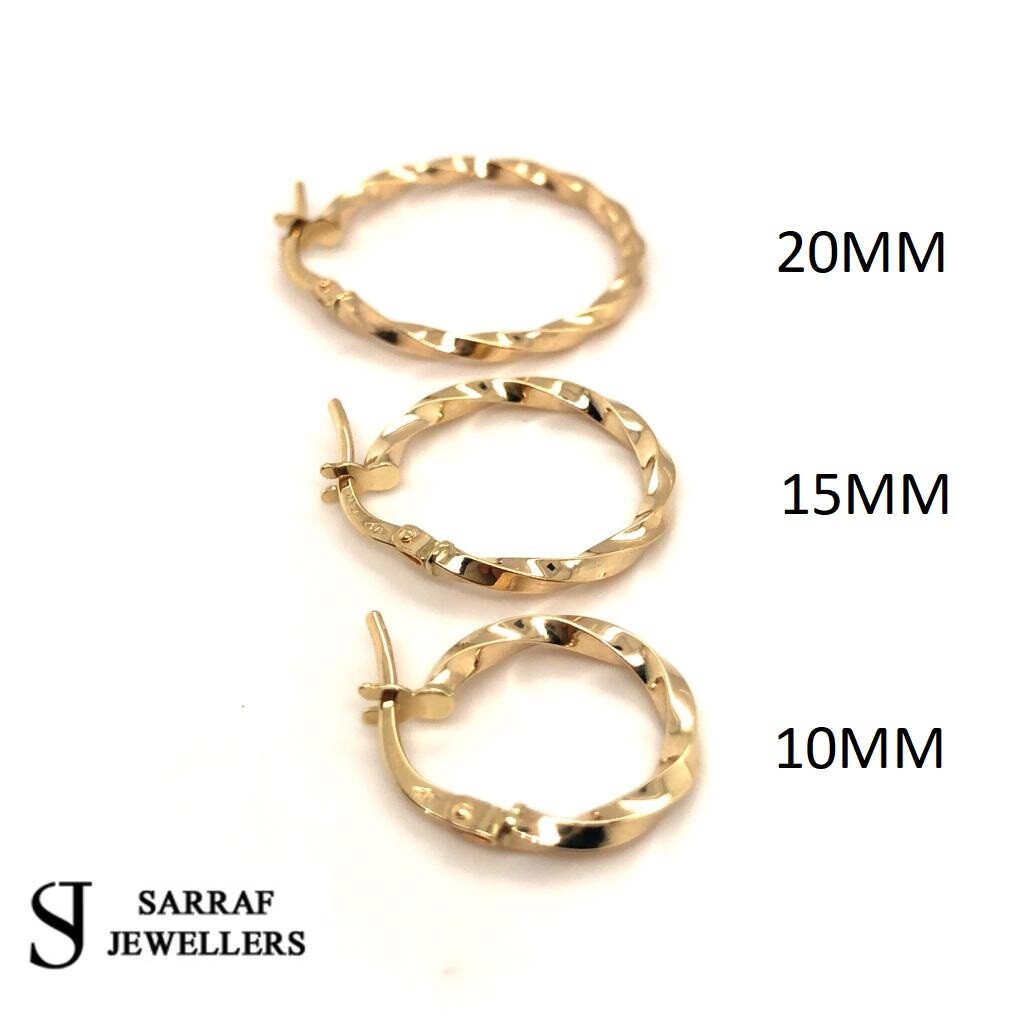 9ct Yellow Gold Twisted Womens Round Hoop Earring Pair 10mm 15mm 20mm 25mm 30mm