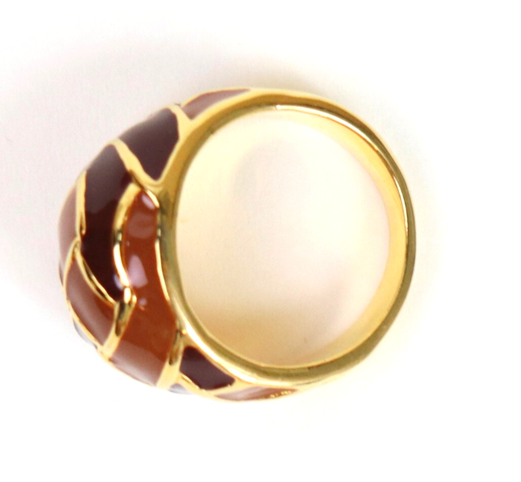Gold Tone Enamel Statement Cocktail Geometric Ring Burnt Orange Brown Sz 7.5