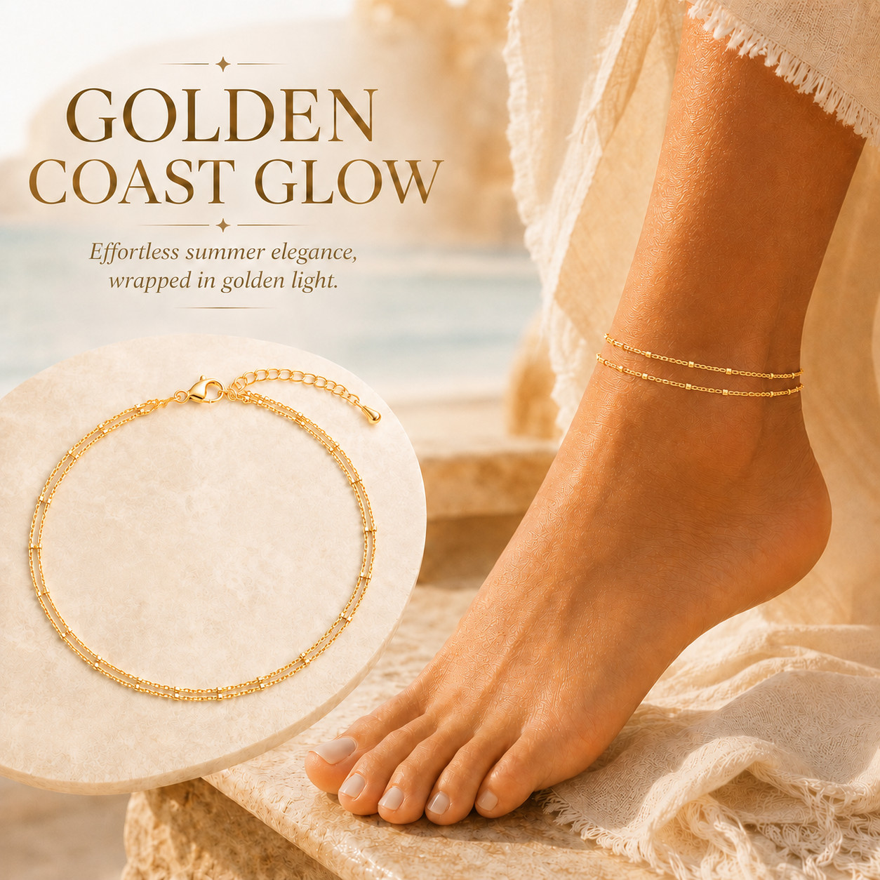 Uxvwez Gold Silver Anklet for Women Dainty Double Layer Chain Adjustable Ankle