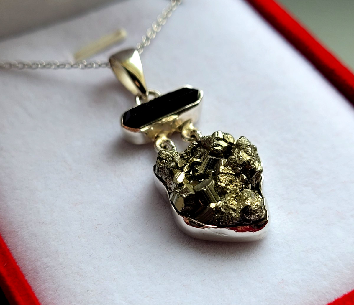 925 Silver Necklaces Pendant Black Tourmaline + Pyrite Druze Gemstone Jewellery