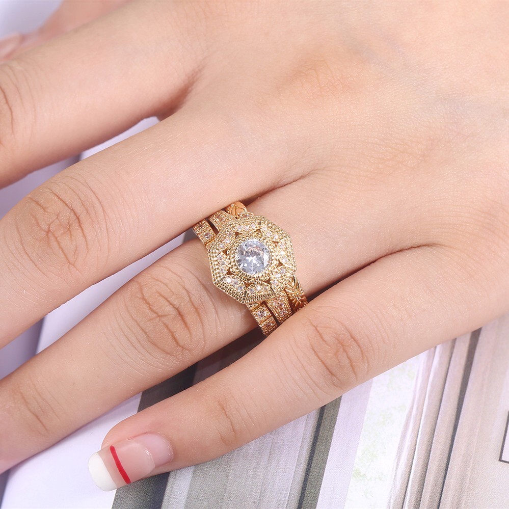 Gold Plated Geometric Vintage Ring Set 2Ct CZ Wedding Trio Set Couple Gifts Band