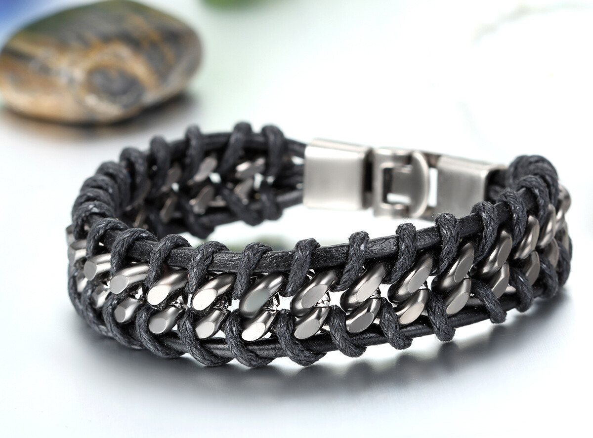 Black Braided Leather Silver Stainless Steel Cuban Chain Men’s Bracelet Bangle