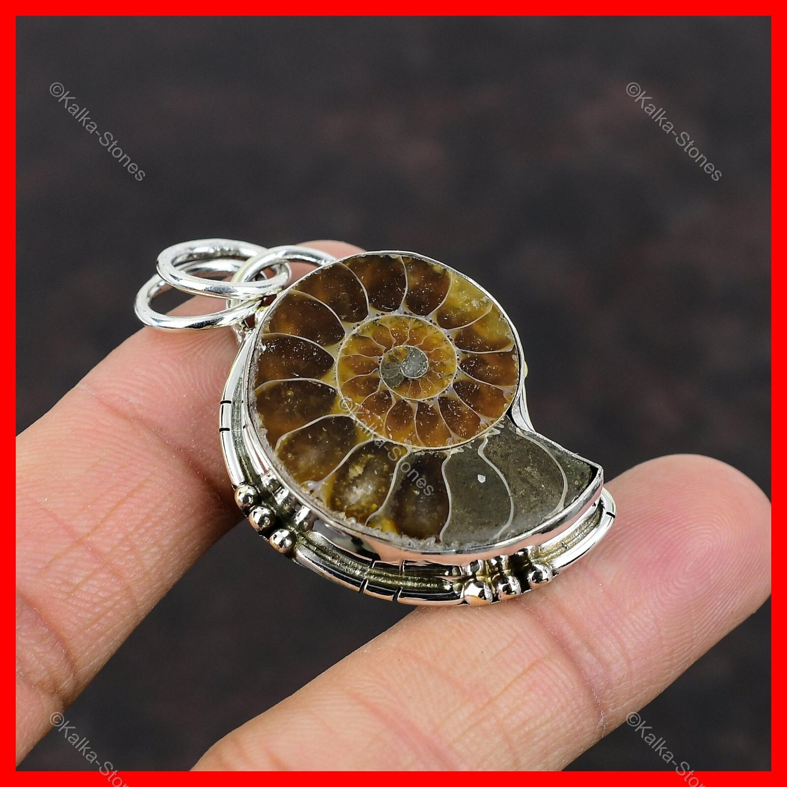 Pear Ammonite Fossil Stone 925 Sterling Silver Vintage Ethnic Pendant Jewelry