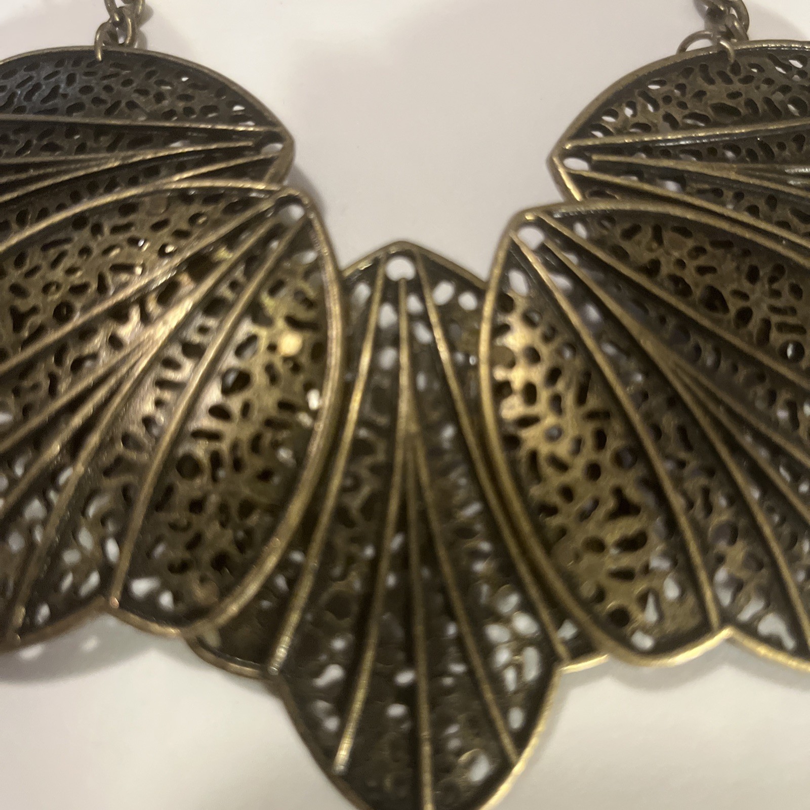 Antique Brass Statement Necklace Filagree Leaves 21 Inches Fashion Jewelry