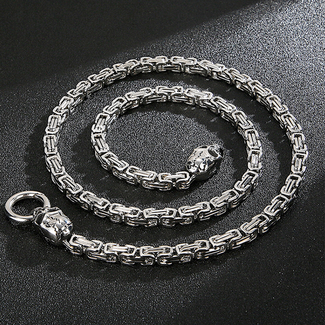 28″ Fashion Cool Skull Head Buckle Mens Stainless Steel Byzantine Chain Necklace