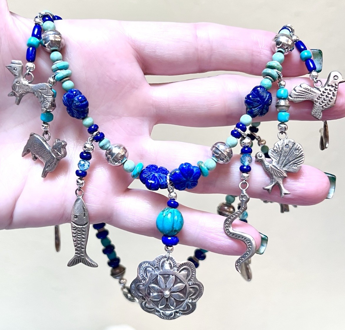 LOVELY Southwest Artisan Sterling Silver Turquoise, Lapis Milagro Charm Necklace