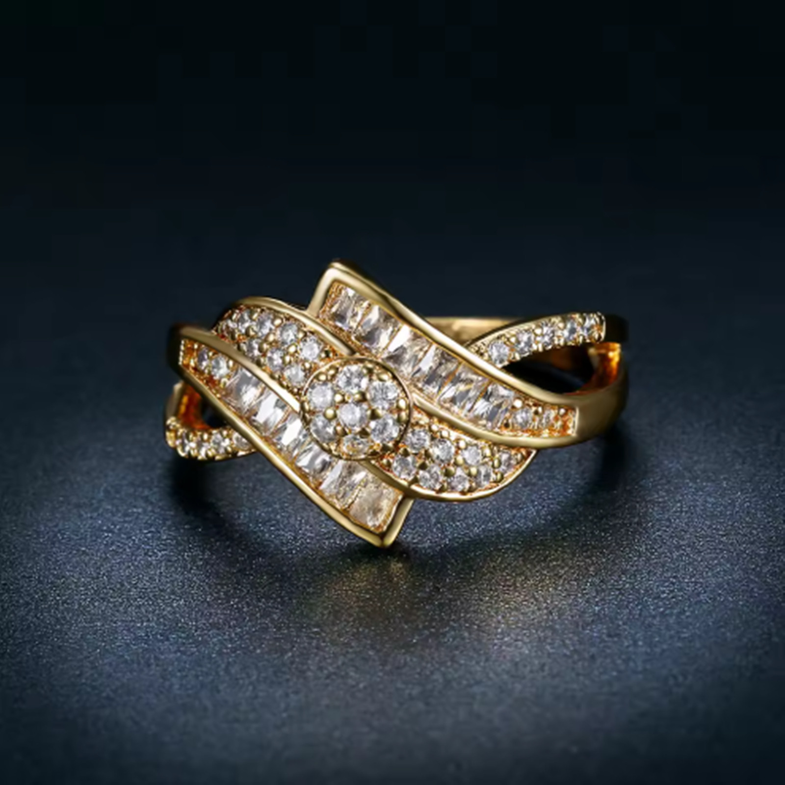 Wave Design Ring 14K Gold Plated Baguette & Round Stone Statement Ring Gift Her
