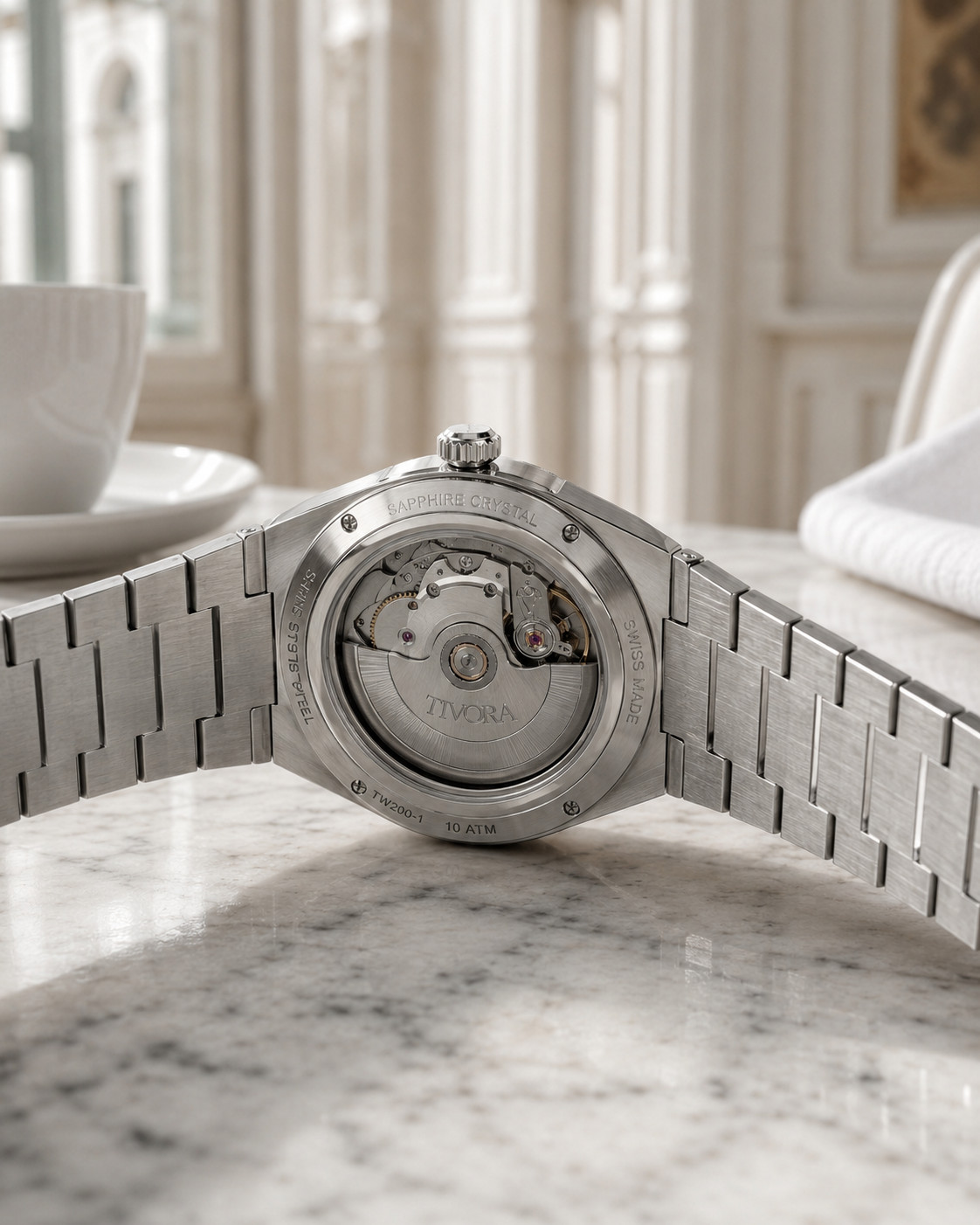 TÍVORÁ Échelon Argent Steel Palm Dial – Custom Branded Automatic Watch