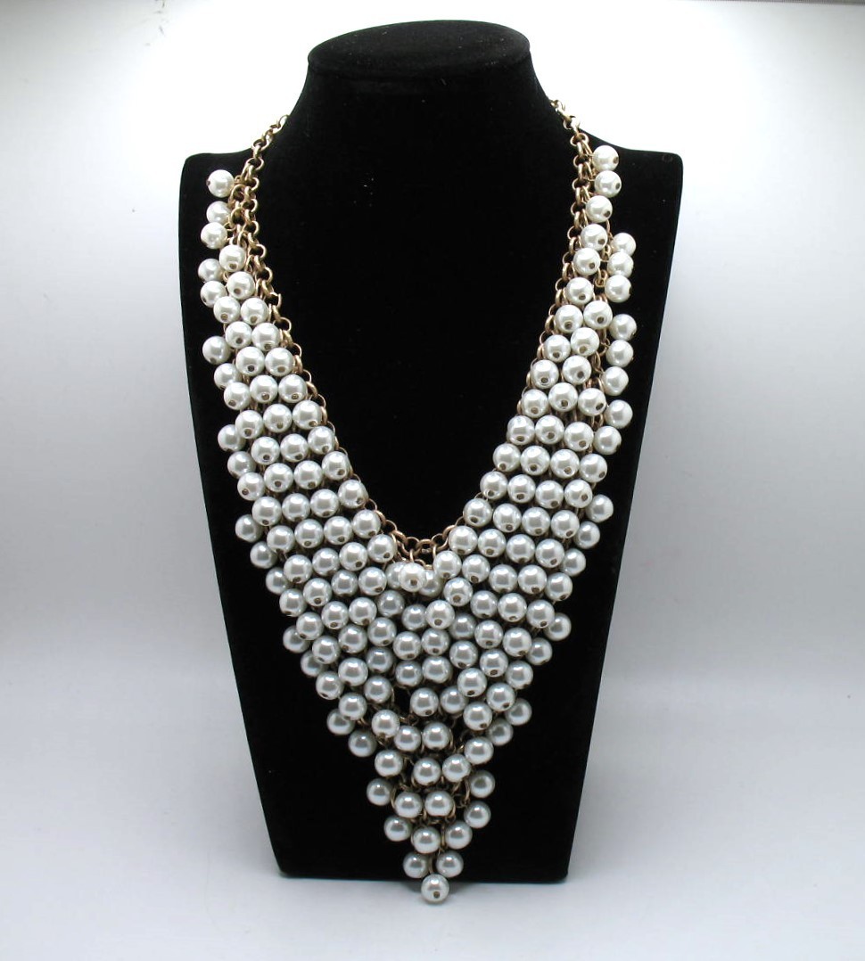 Vintage RJ Graziano statement bib necklace Goldtone chainmail and faux pearls
