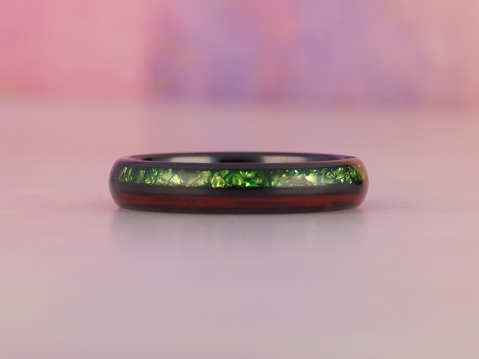 Black Redwood Emerald Ring, Sequoia Wood and Green Lab Created Emerald Inlays