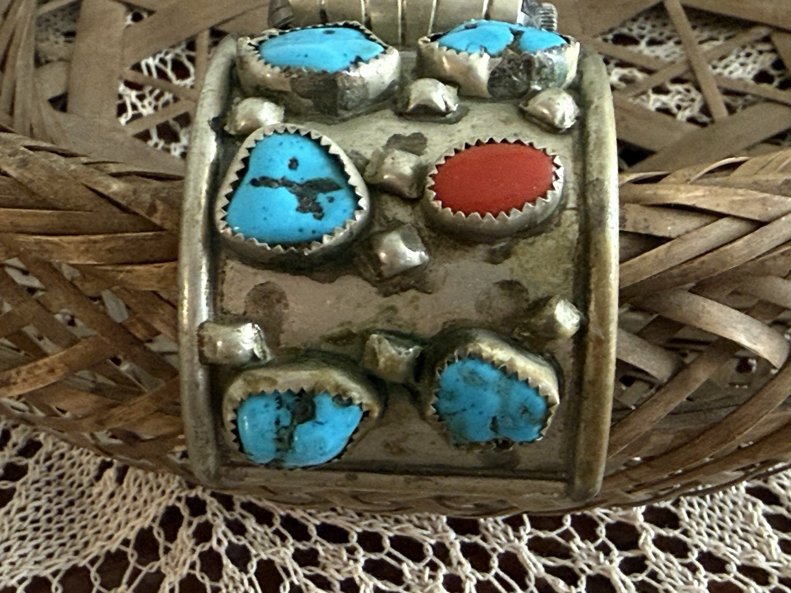 Vintage Navajo Men’s Sterling Silver Turquoise Coral Watch Cuff Croton Runs