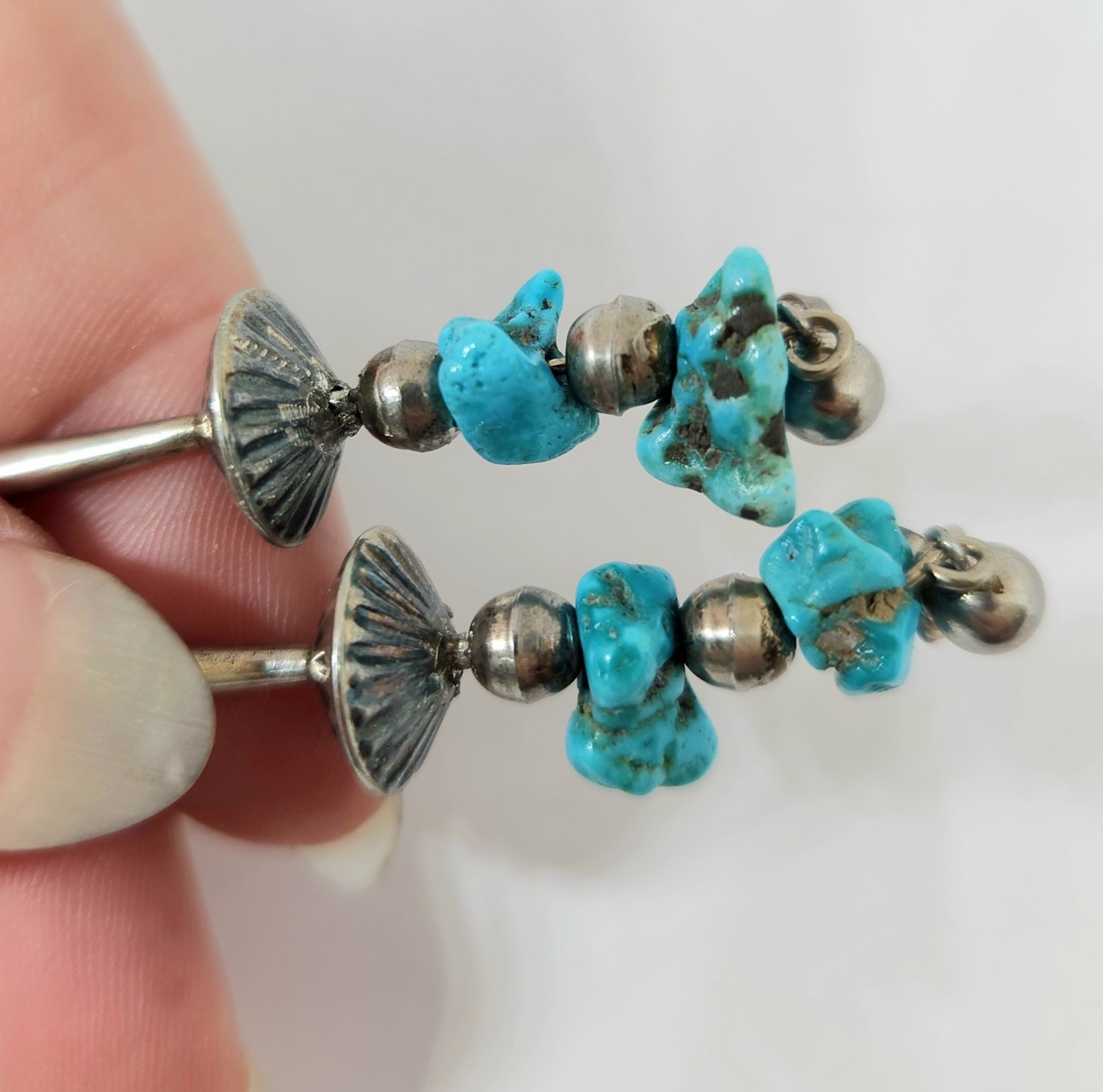 3.25″ Long! Old Pawn Vintage Sterling Silver Turquoise Squash Blossom Earrings