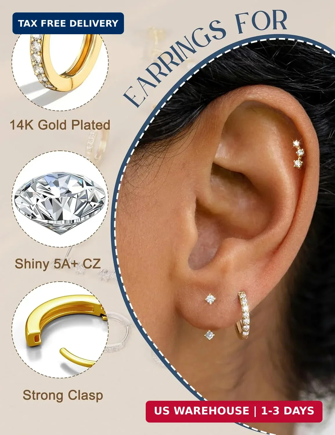 3 Pairs 925 Sterling Silver Hypoallergenic Earrings for Women Trendy – 14K Gold