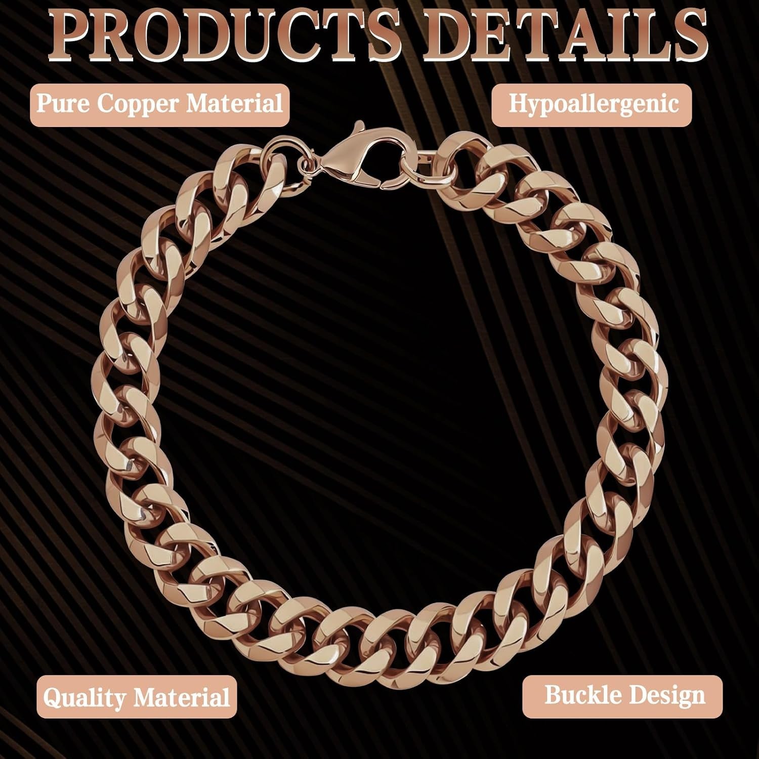 Fashionable Men’s Copper Bracelet – 9in Rose Gold Chain with Buckle Design