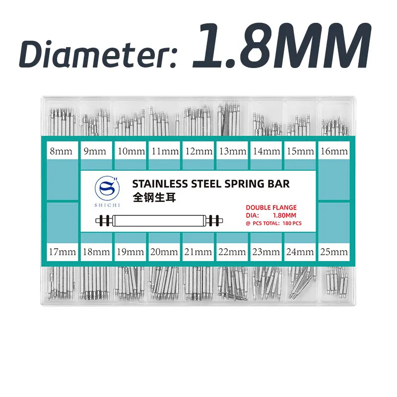 180PCS 8-25mm Full Steel Watch Band Spring Bar Connect Rods Pins 1.3 1.5mm 1.8mm