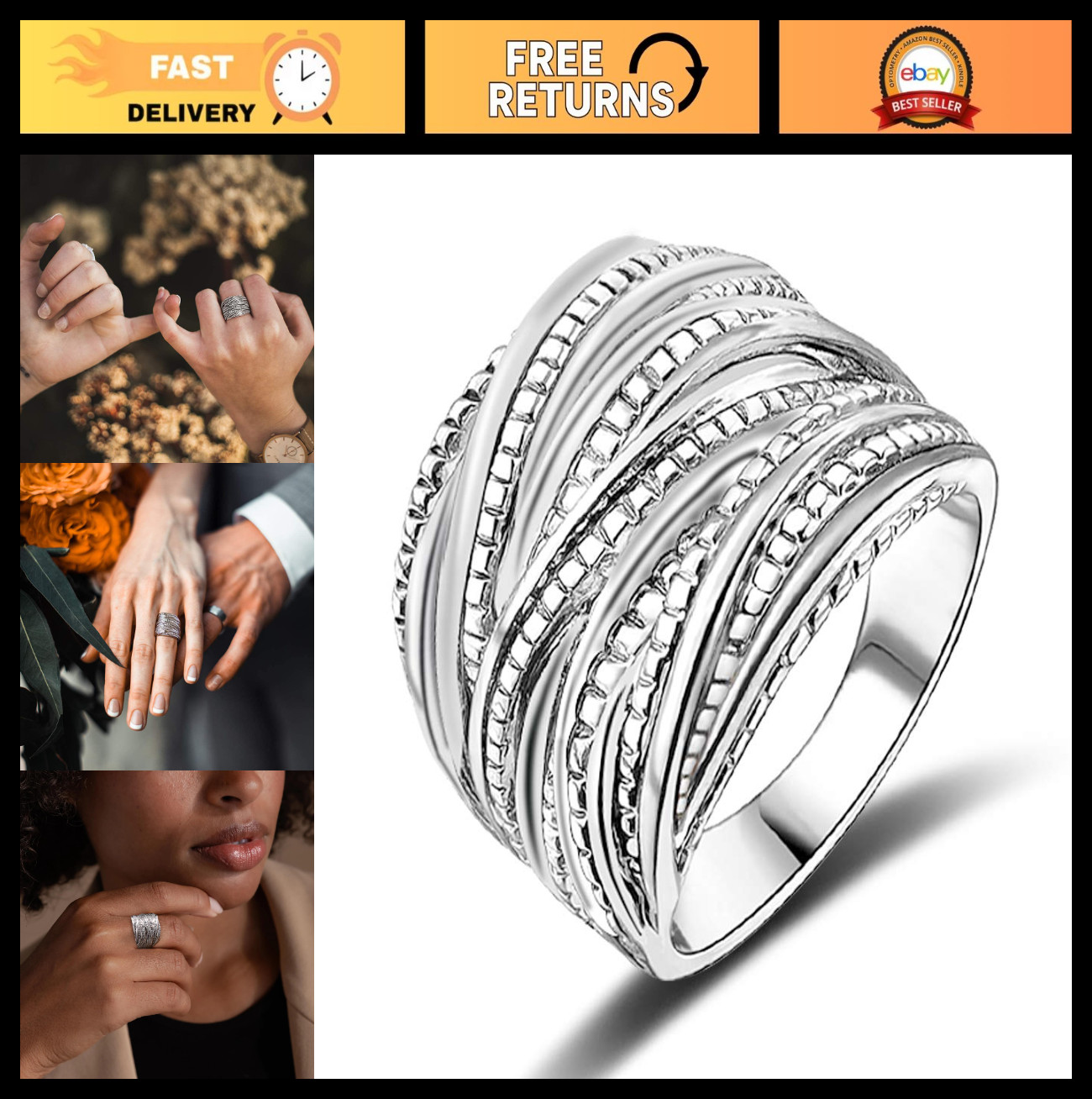 Intertwined Crossover Statement Ring – Chunky Band for Women, Wide Index Finger