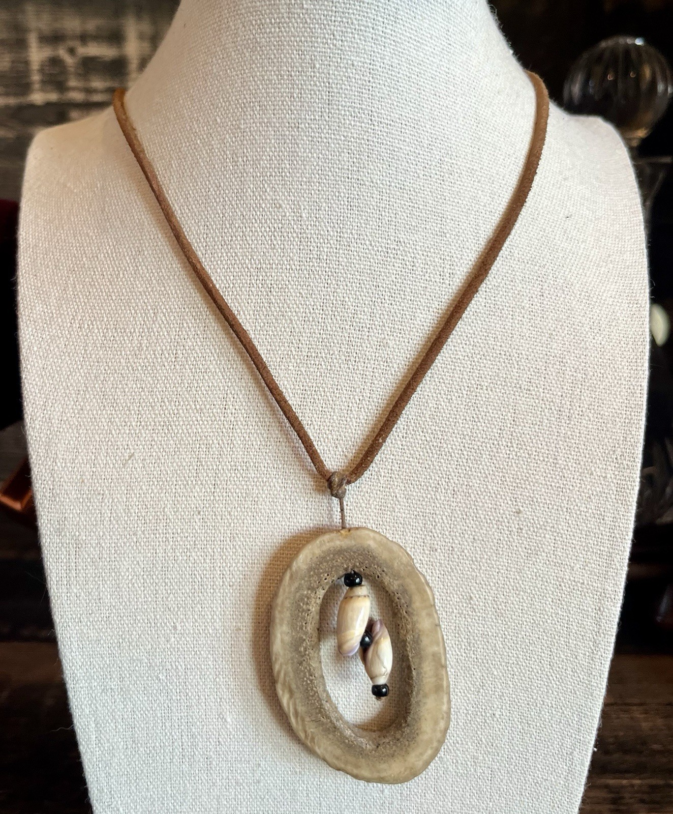 Vintage Deer Antler Slice Necklace Pendant With Hanging Shells Leather Cord
