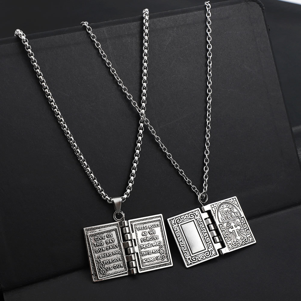 2PCS Lord’s Prayer Holy Bible Open Pages Locket Pendant Necklace 925 Silver USA