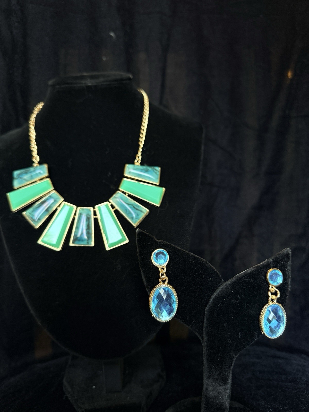 Blue Green Gold Oval Necklace & Earrings Jewelry Set Fashion