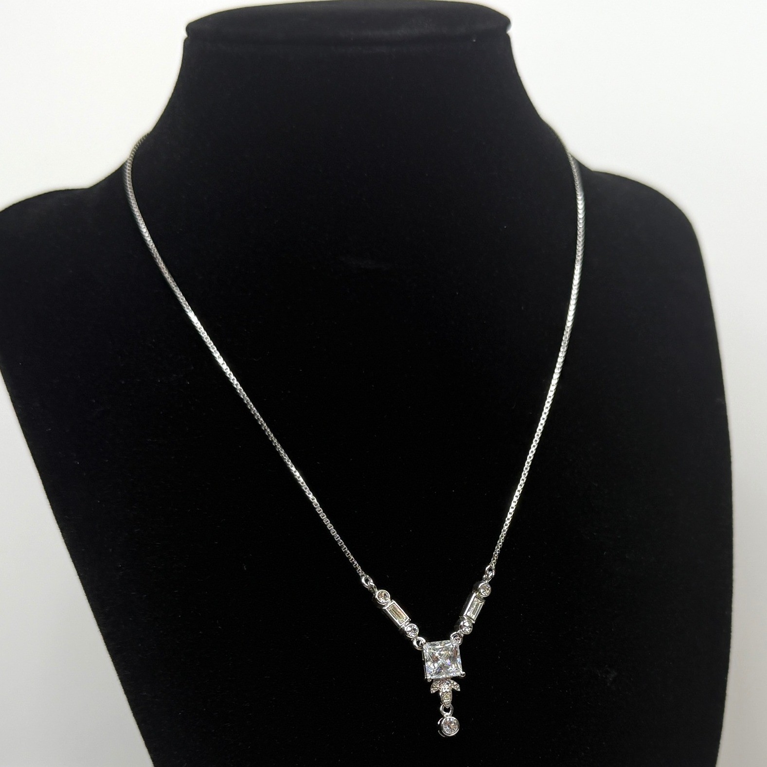 Princess Cut Cubic Zirconia CZ Y Drop Pendant Necklace Silver Tone Jewelry 8.5in