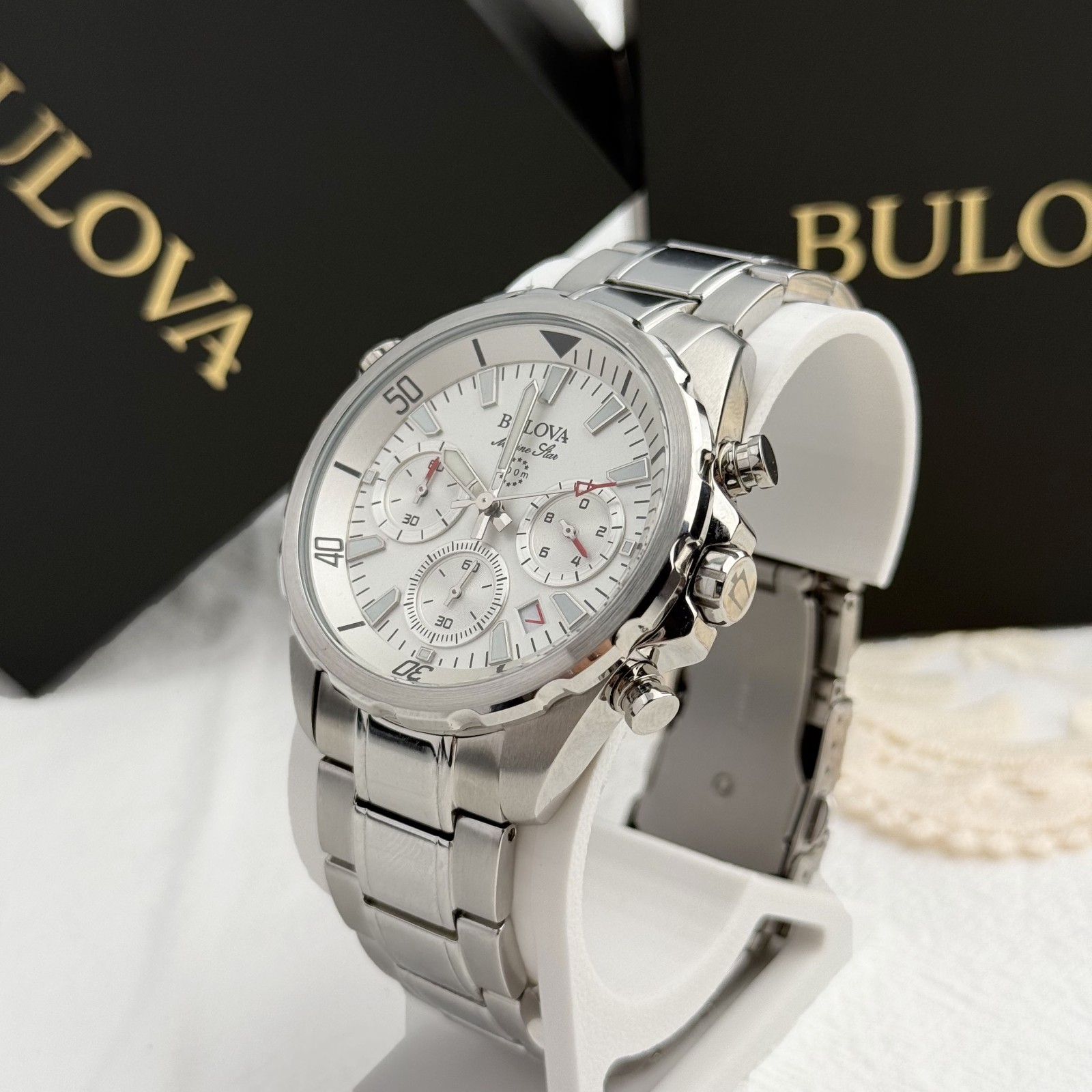 Bulova Marine Star Chronograph White Dial Stainless Men’s Quartz Watch 96B255