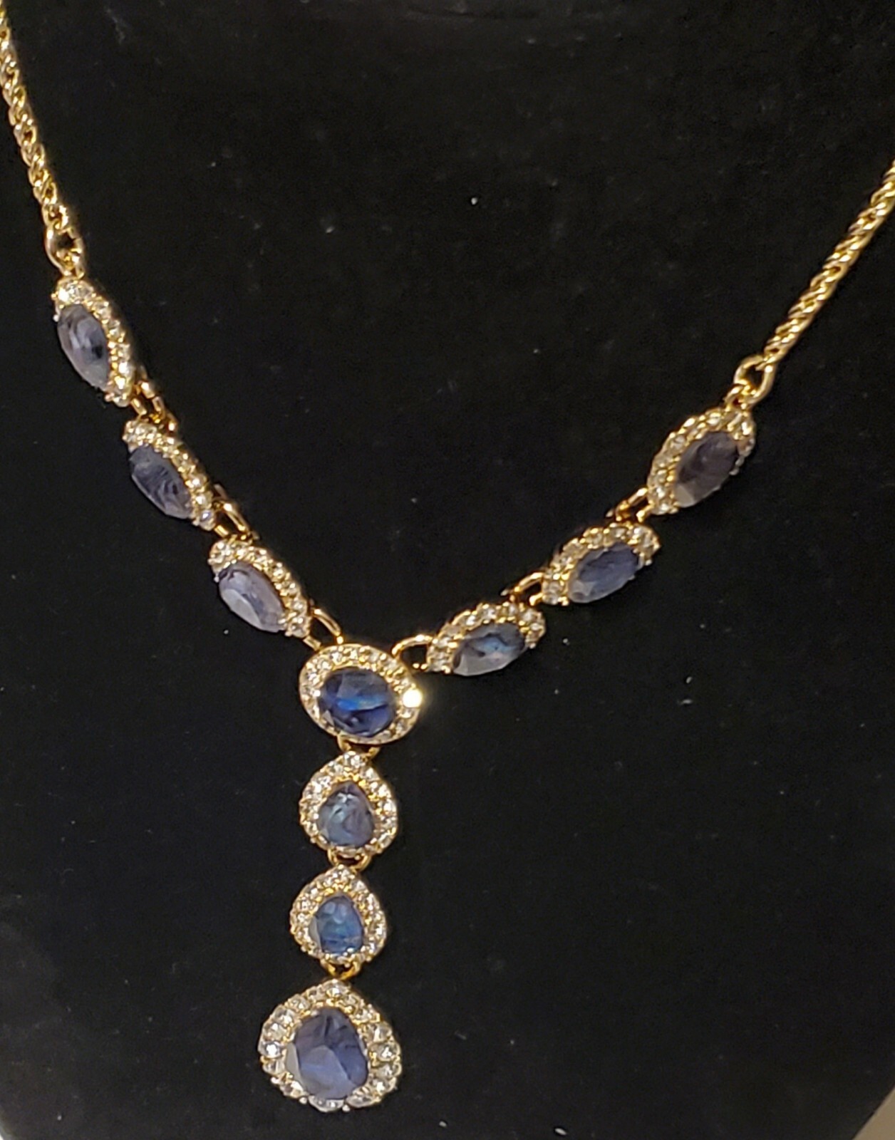 Crystal & Stone Lariat Gold-Tone Necklace, 17″ + 2″ extender, Blue
