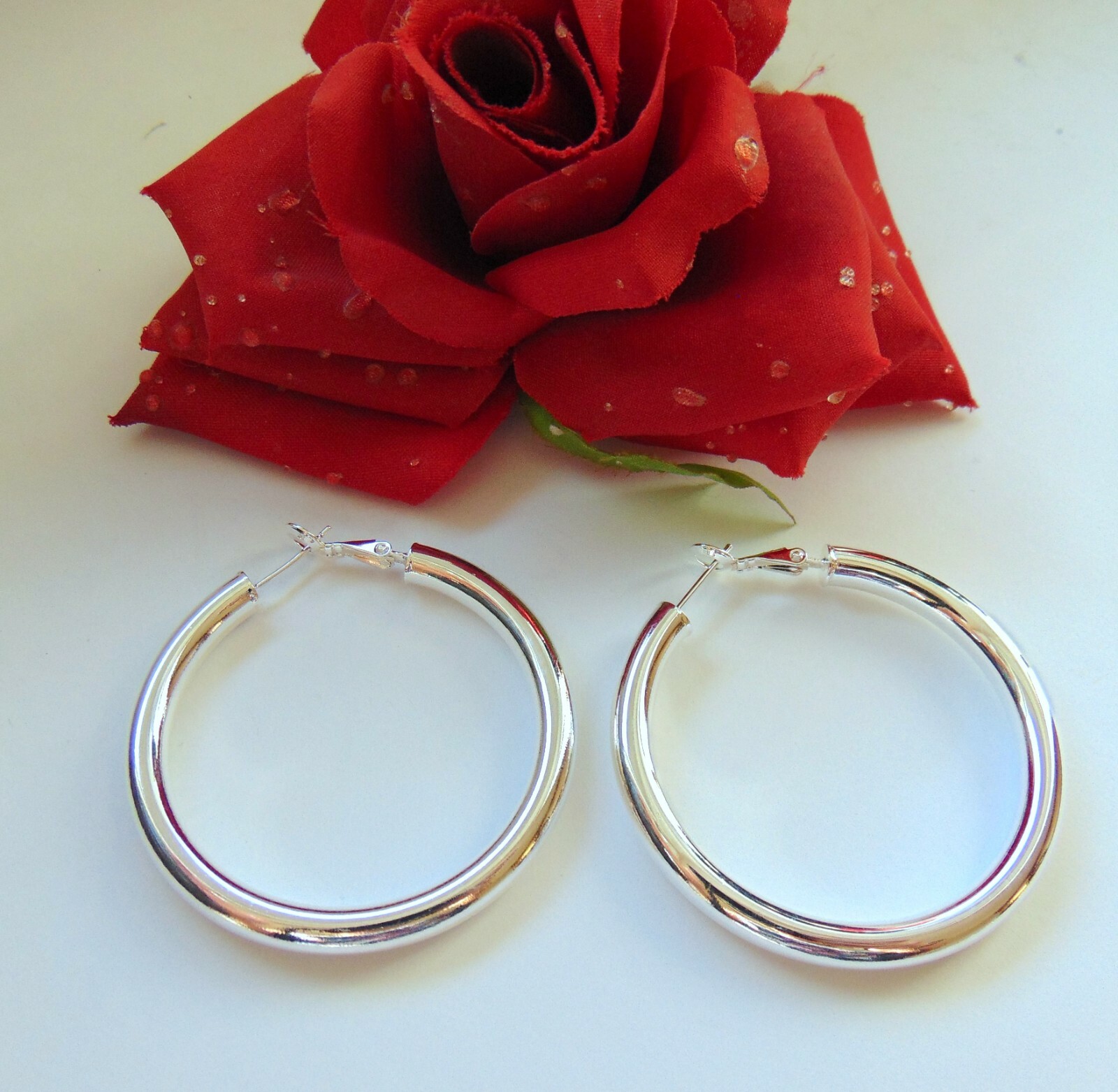 925 Silver XXL Hoop Earrings 50mm 5mm Large Round Dangle Mirror Hinged Clasp