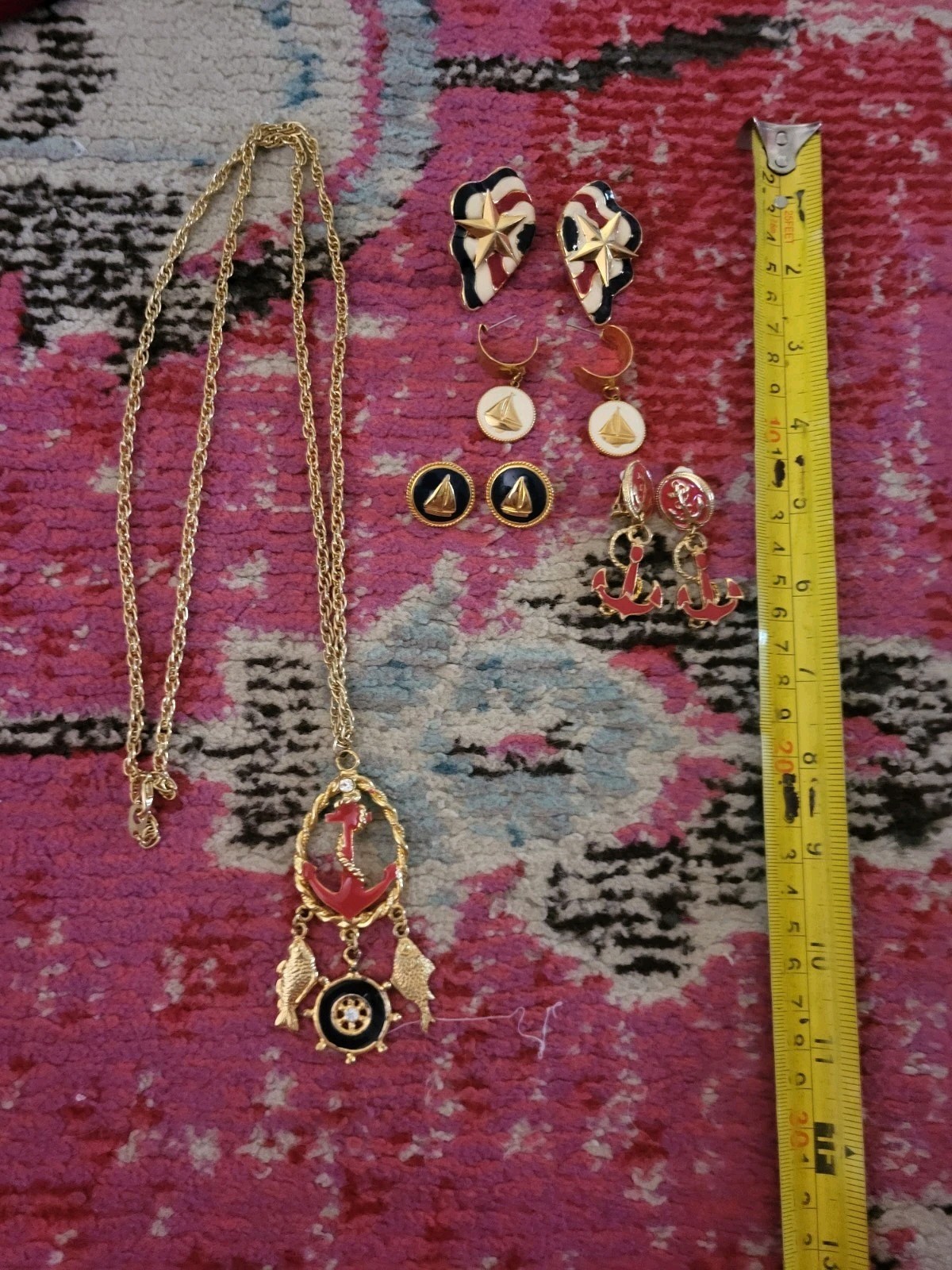 Vintage sailboat boat jewelry necklace earrings retro nautical set pin lot fish
