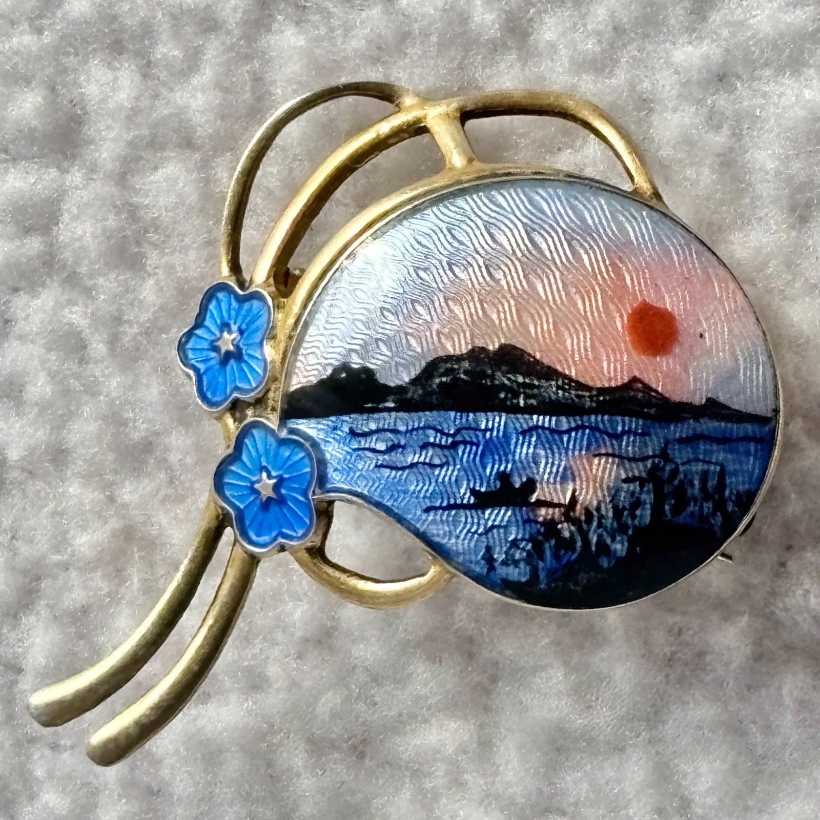 Vintage Norway Silver Guilloche Enamel Sunset Brooch Aksel Holmsen