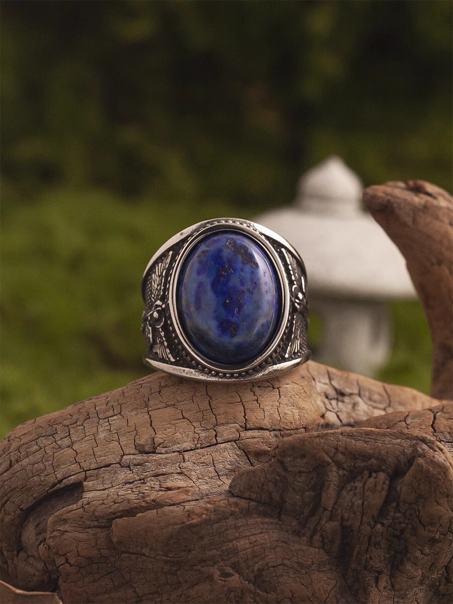 NIGHT WORKS God’s Power retro angel carving royal blue stone ring men’s