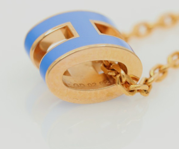 Hermes Mini Pop H Rose Gold Tone & Blue Enamel Pendant Necklace 16″