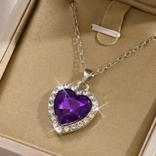Heart Cut Simulated Purple Amethyst Halo Stunning Pendant 14k White Gold Plated