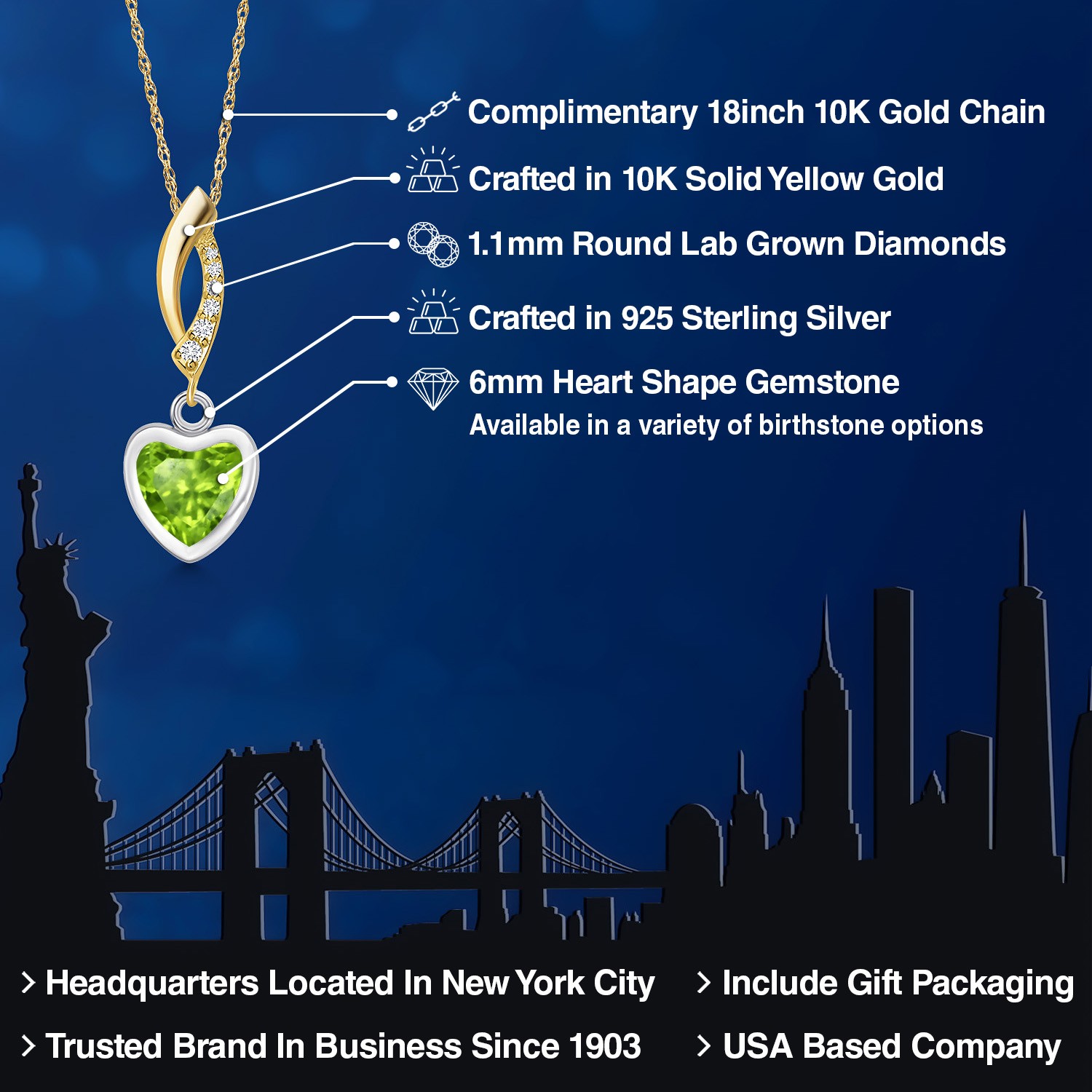 925 Silver and 10K Yellow Gold Peridot and Lab Grown Diamond Pendant Necklace
