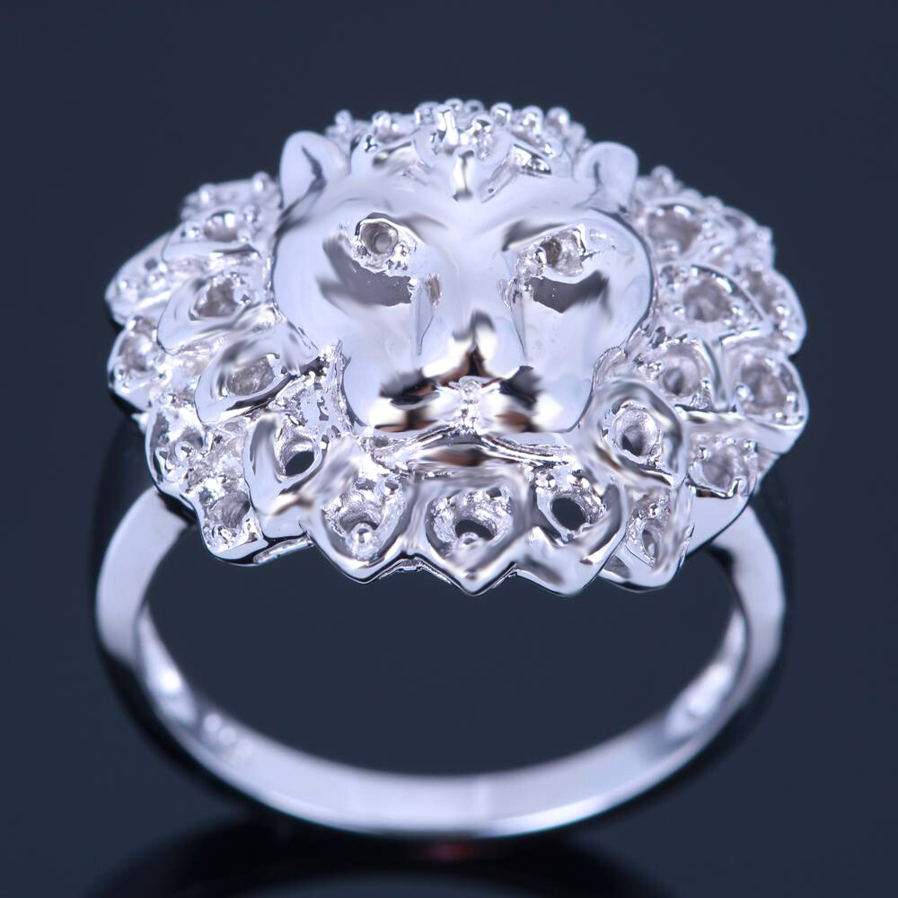 Silver 925 Fashion Mens Jewelry Lion Head Prong Tension Setting Semi Mount Ring
