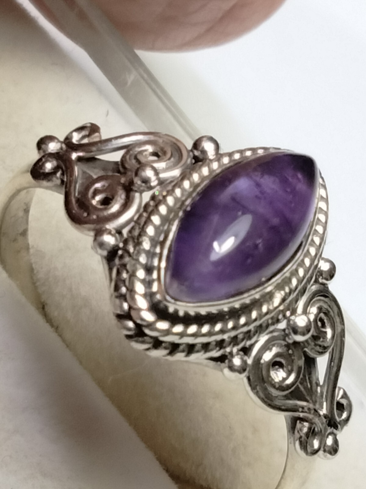 NATURAL AMETHYST IN TRENDY FILIGREE&HALO SET STL. SILVER.925 RING SIZE 9.0-9.25!
