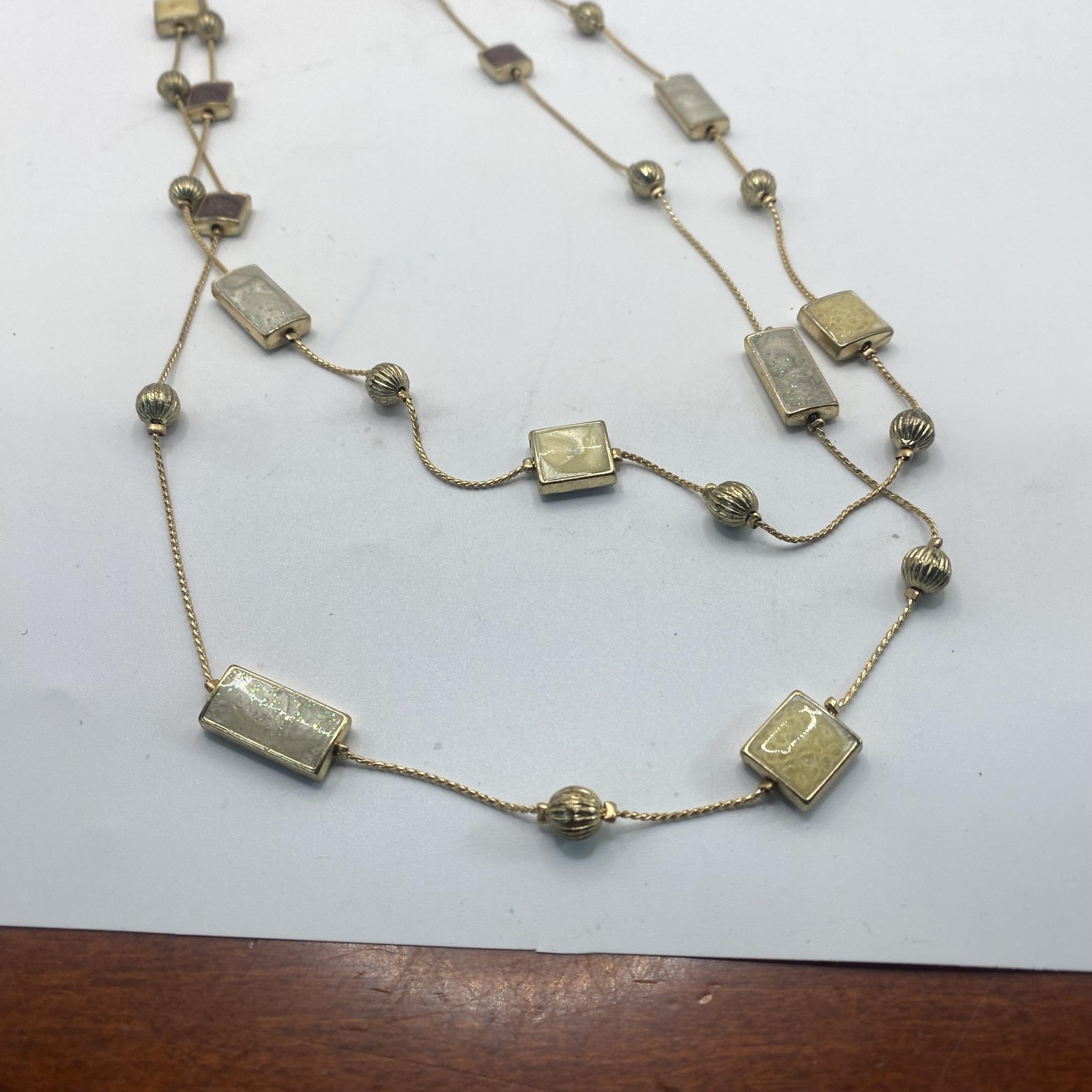 Gold Tone Cream Resin Station Necklace Layered Strand Lobster Clasp Jewelry