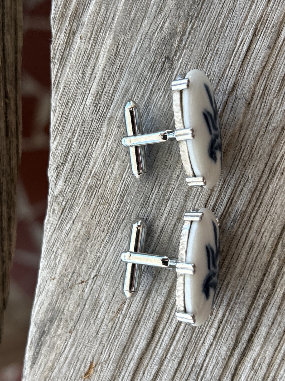 Vtg Blue/White Pegasus Cufflinks Oval Porcelain On Chrome Equestrian Gift, Mint