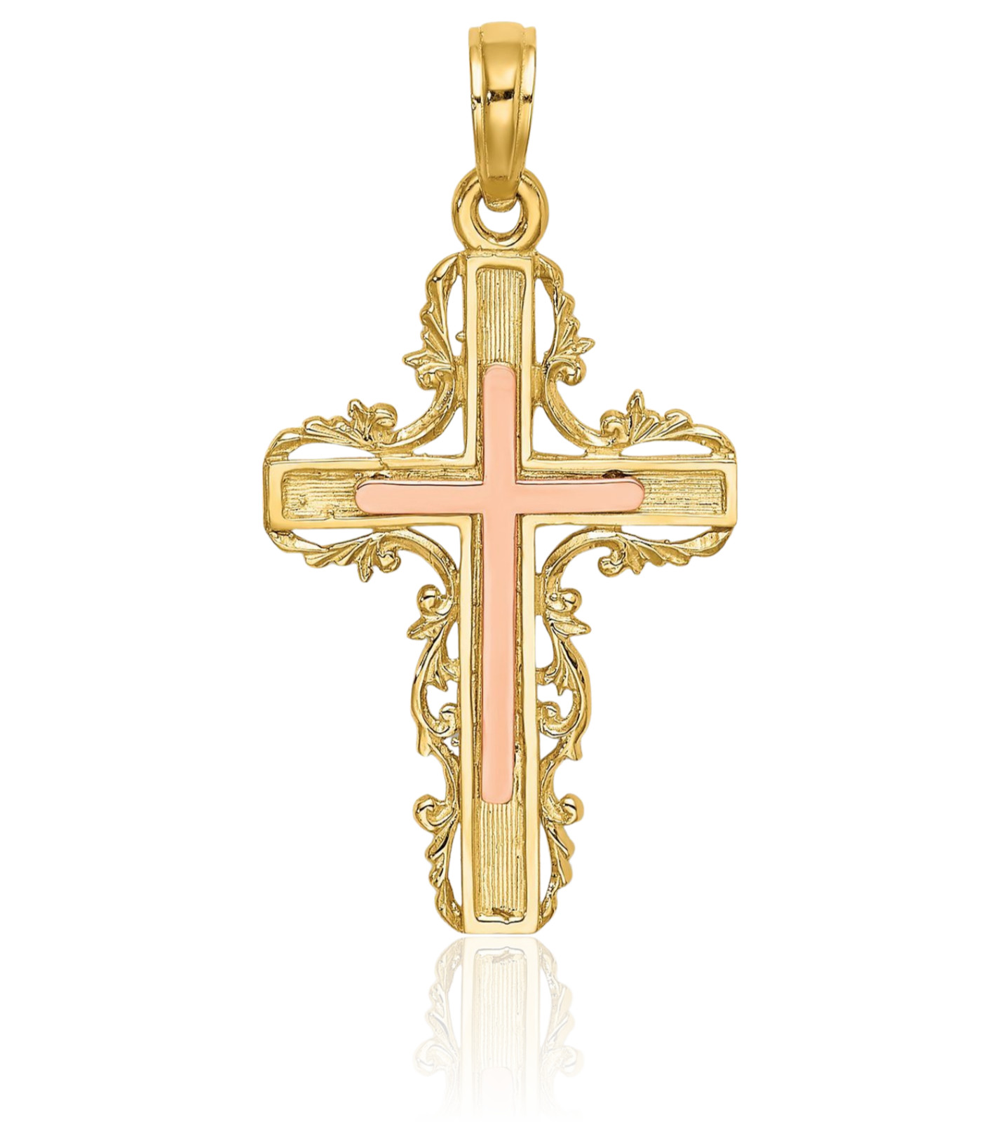 10K Solid Two Tone Gold Filigree Large Leaf Cross Pendant Necklace 27.4mm